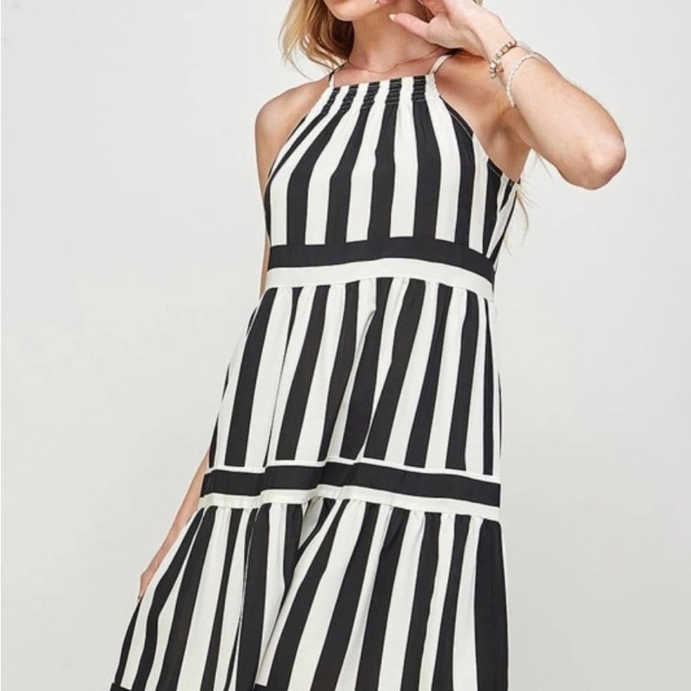 Black and White Striped Halter Dress